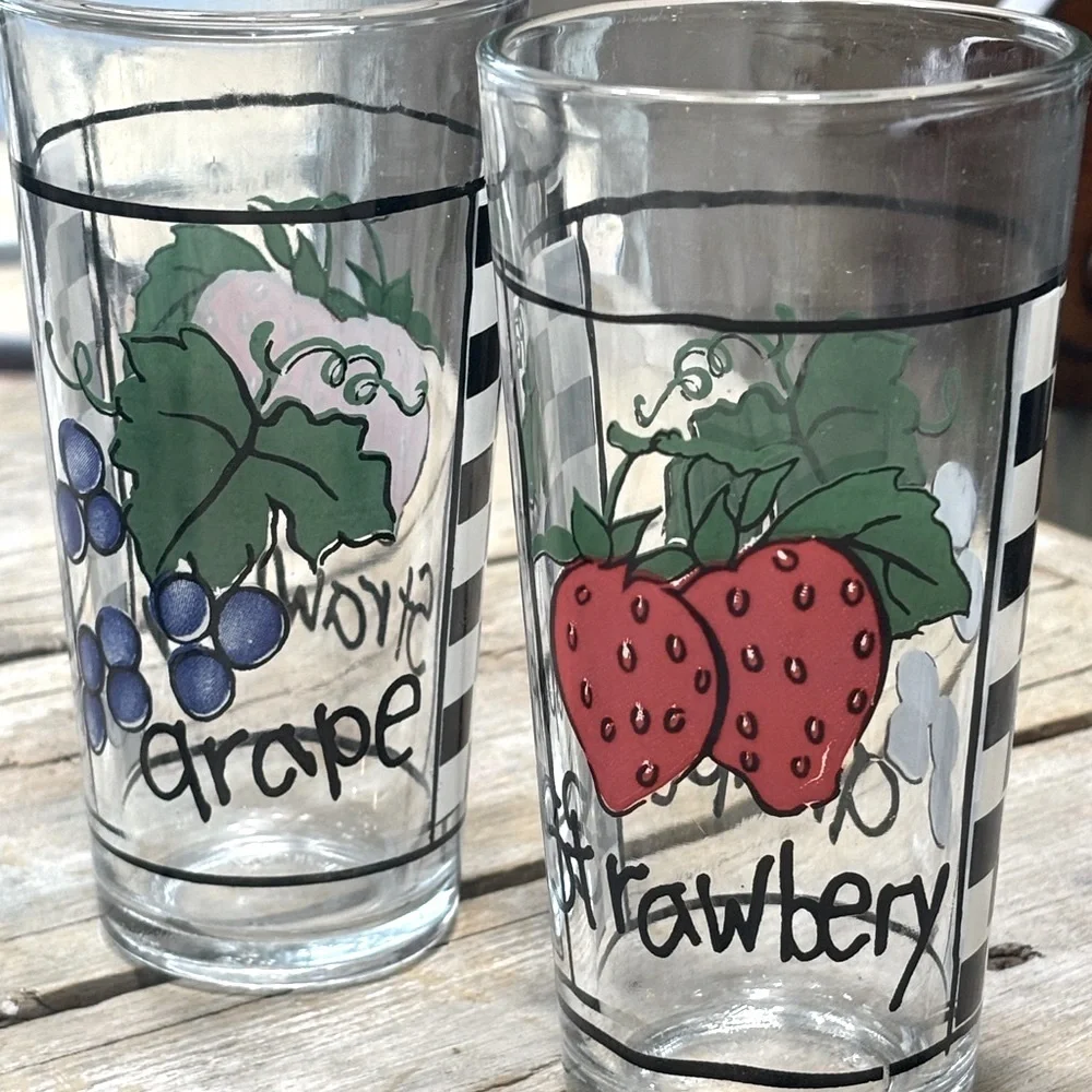 4 Vintage KIG Checkerboard Fruit Glasses. Numbered | Grape | Strawberry | Fruit
